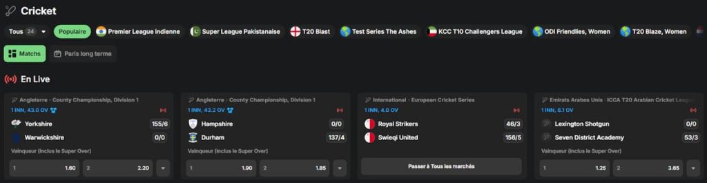 Betblast Casino paris sportifs Cricket